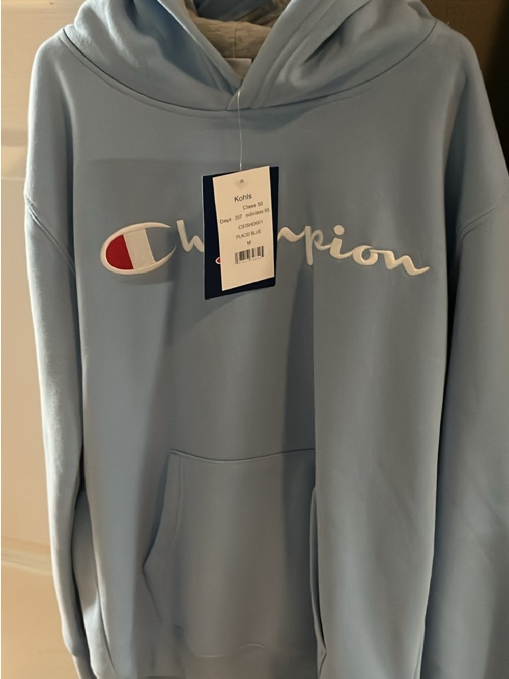 2 Champion Sky Blue Hoodie with White Script Logo and Red Accent